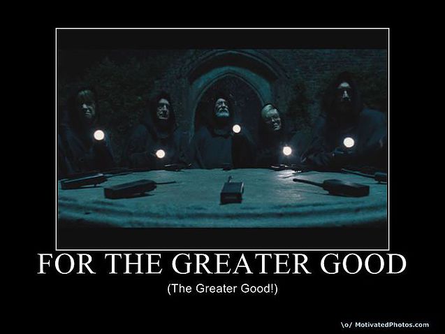 An image from the film "Hot Fuzz" showing robed characters sitting around a ceremonial table, holding candles, and chanting the phrase "For The Greater Good"